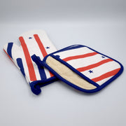 Red, white and blue stars and stripes patterned oven mitt and matching pot holder set