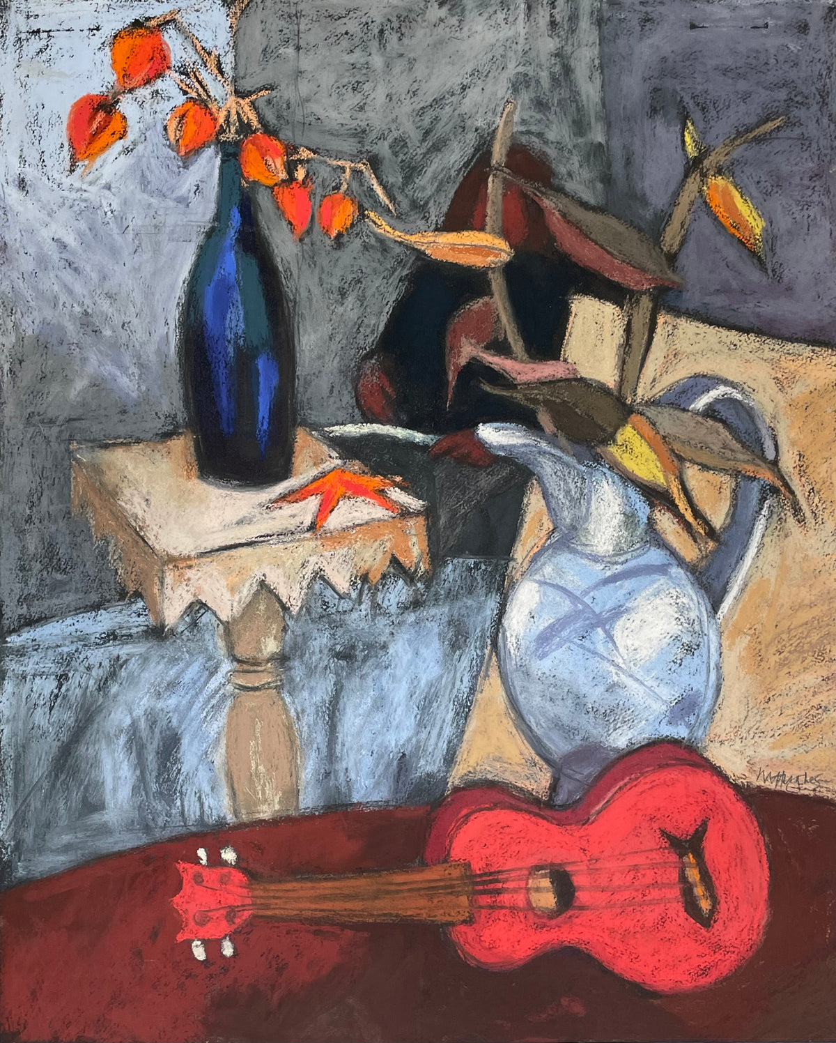 Margaret Hughes: Still life with Chinese lanterns and red ukulele