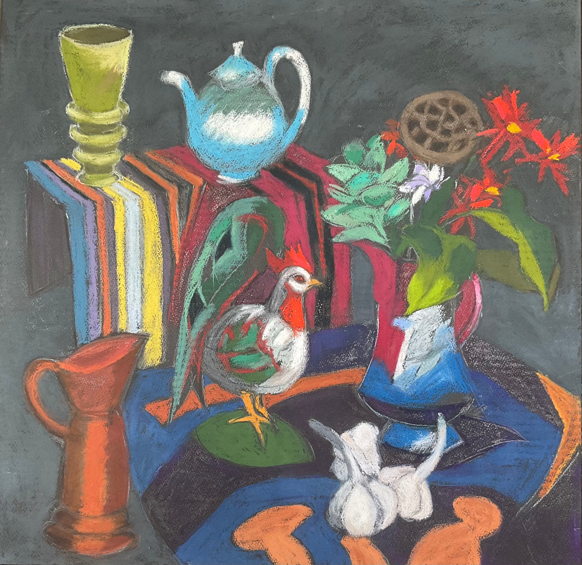 Margaret Hughes: Still life with garlic and carved rooster