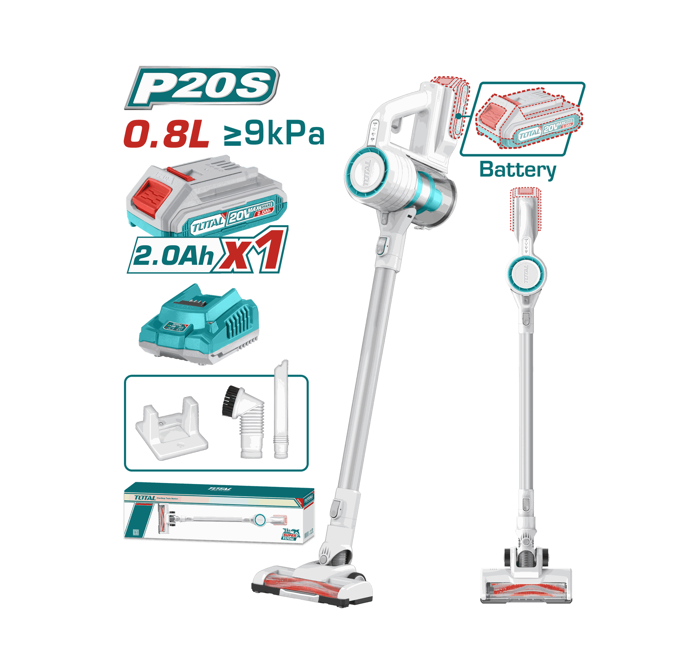 Total Tools - 20V Cordless Stick Vacuum Cleaner (1Battery+1Charger)