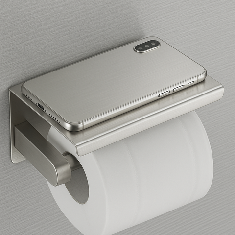 Studio Brushed Nickel Toilet Paper Holder – Shelf + Splash Guard