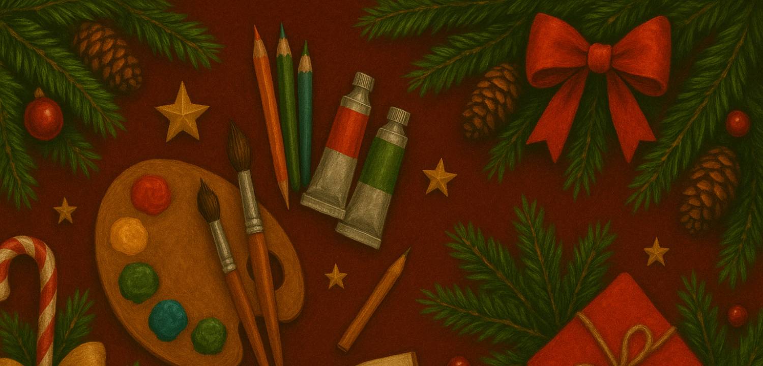 Artistic setup with paint palette, brushes, and Christmas decorations on a brown background