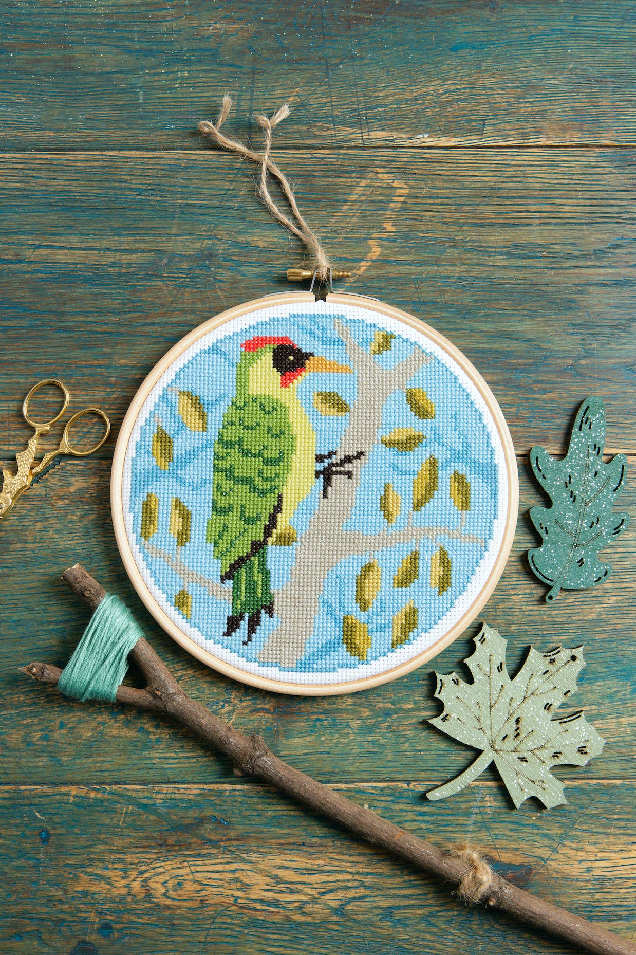 Green Woodpecker Cross Stitch Kit | Beginner Craft Kit