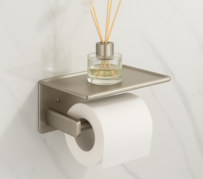 Modern Matte Black Toilet Paper Holder – Open Arm + Recessed Shelf