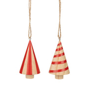 Assorted Wood Cone Tree Ornaments, natural/red, 3.5 in