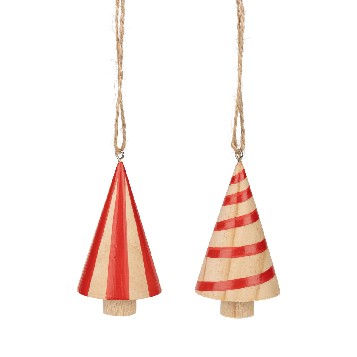 Assorted Wood Cone Tree Ornaments, natural/red, 3.5 in
