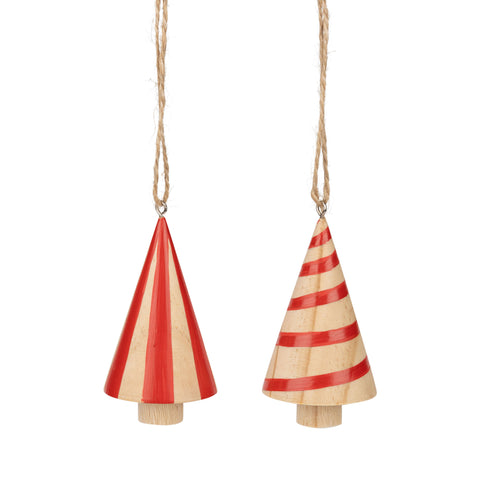 Assorted Wood Cone Tree Ornaments, natural/red, 3.5 in