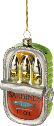Glass sardine can ornament with key, 4.75 in