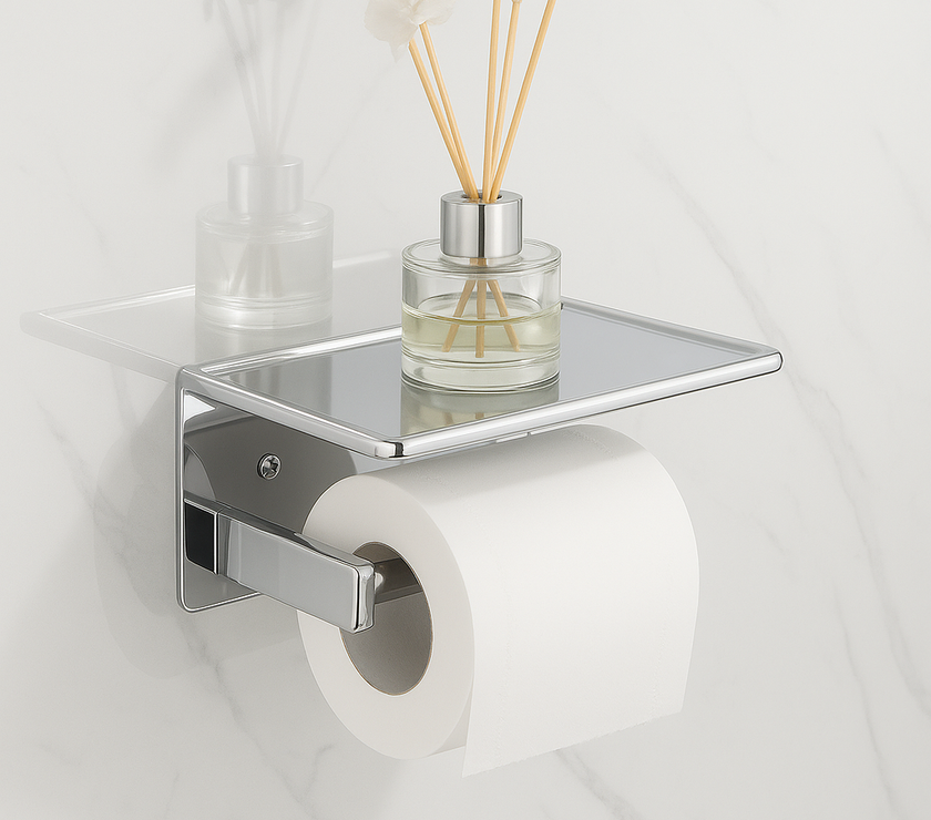 Modern Matte Black Toilet Paper Holder – Open Arm + Recessed Shelf