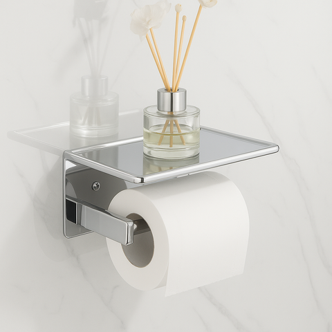 Modern Matte Black Toilet Paper Holder – Open Arm + Recessed Shelf