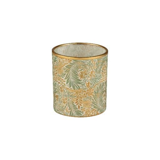 Glass tealight holder, green and gold leaf 3.5 in