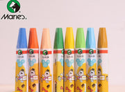 Six Marie's brand children's oil painting crayons in assorted colors (blue, orange, peach, yellow, green, light blue, and brown) lined up on a light pink background.