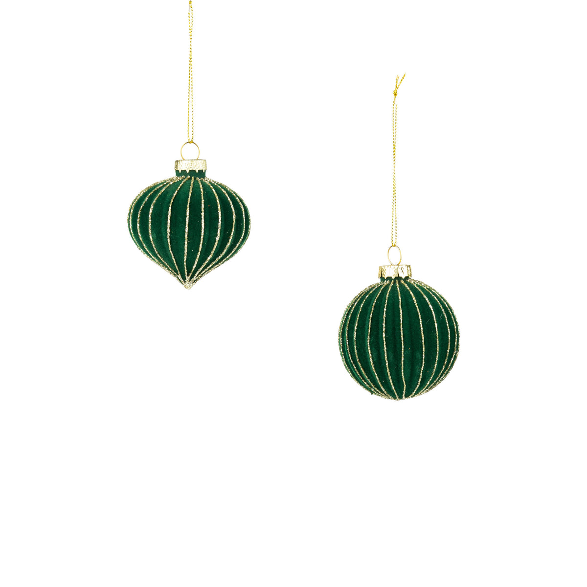Assorted Green Glass Ball Ornaments, Ridges Green Flock