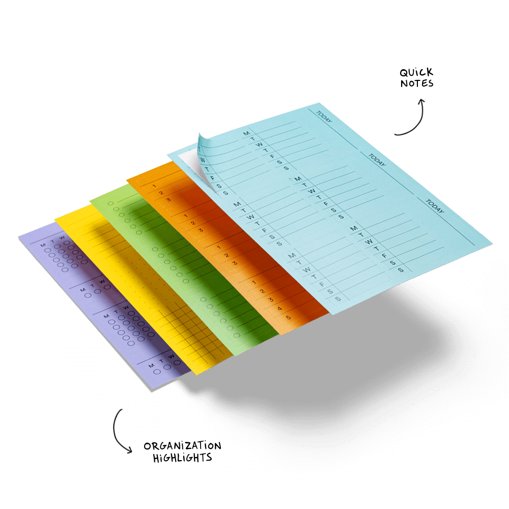 A stack of colorful highlighter paper inserts fanned out on a white background, with handwritten notes visible on the top sheet. Arrows point to the top sheet labeled 'QUICK NOTES' and the lower stack labeled 'ORGANIZATION HIGHLIGHTS.