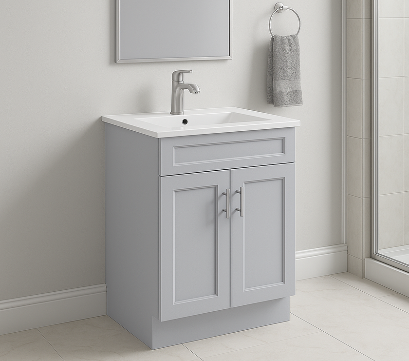30-Inch Shaker Bathroom Vanity — White or Gray | Plywood Cabinet, Solid-Wood Doors, Soft-Close 3-Way Clip-On Hinges, Natural Wood Interior