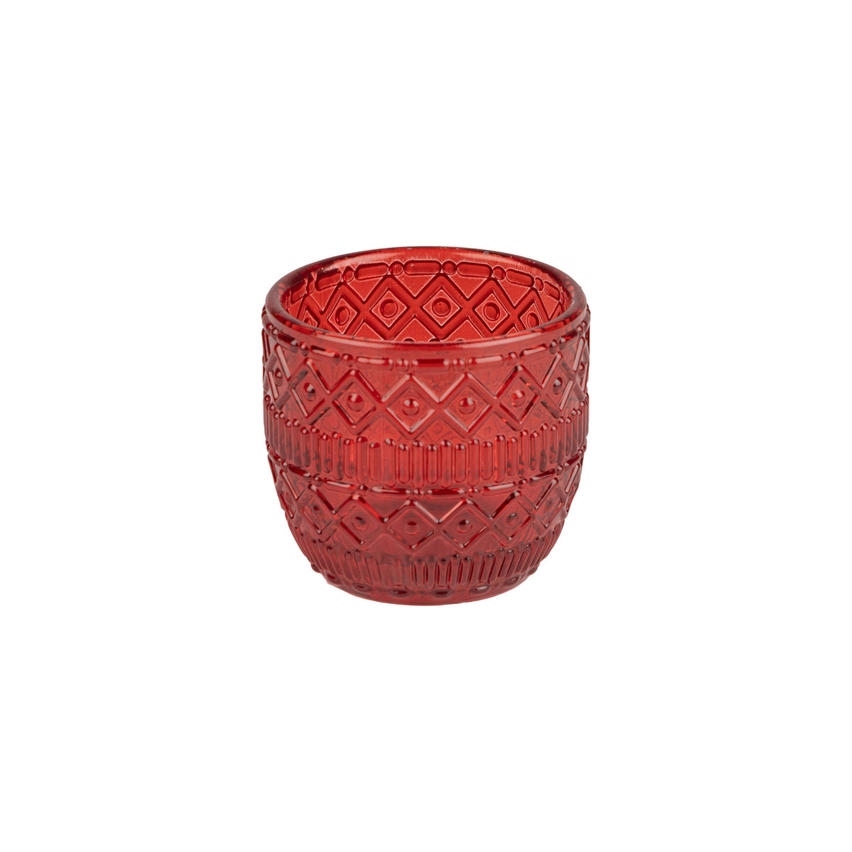 Red Molded Glass Tea Light Holder, Scandi Pattern