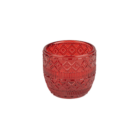 Red Molded Glass Tea Light Holder, Scandi Pattern