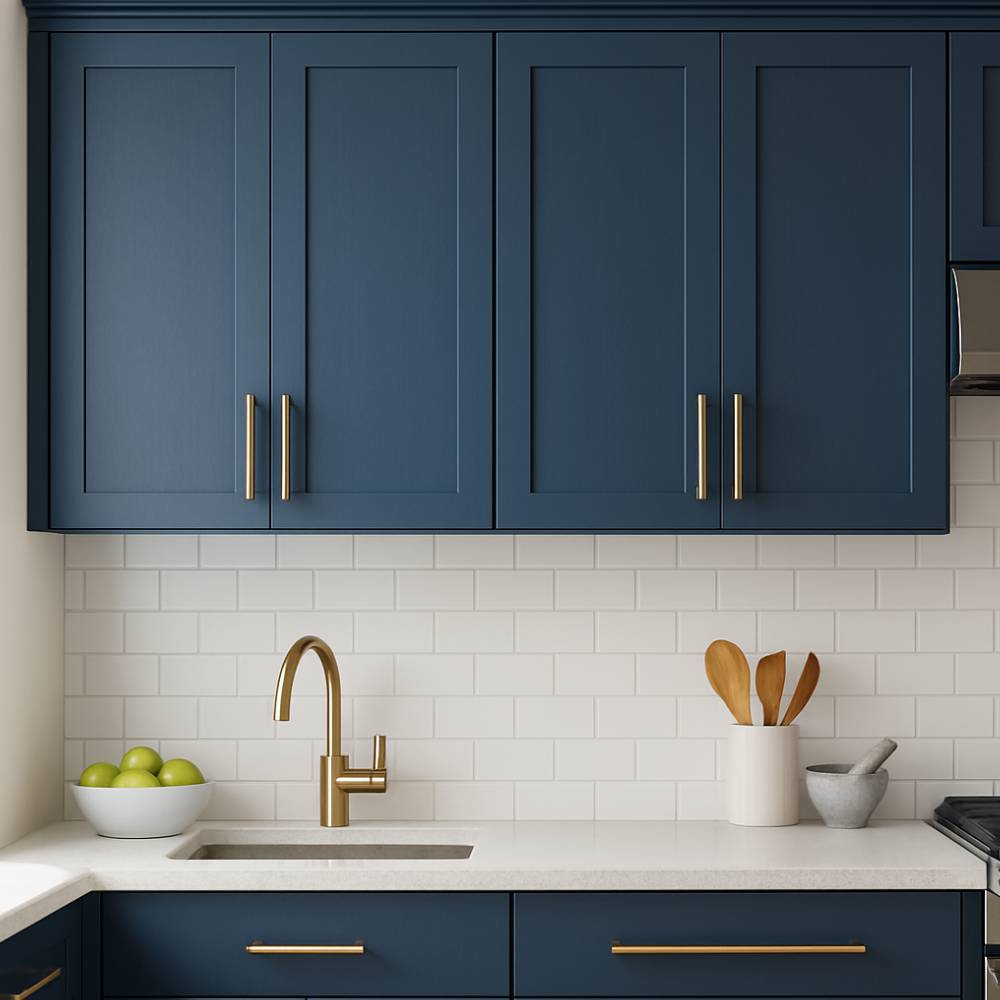 Painted kitchen cabinets and hardware with cabinet paint supplies on a counter