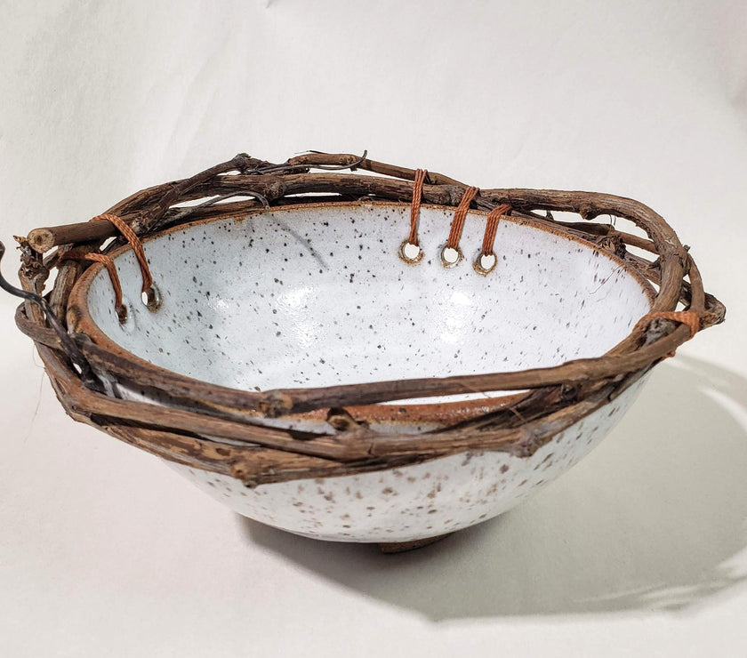 Ceramic and grapevine bowl 8" , rust cord - Debra Krakow