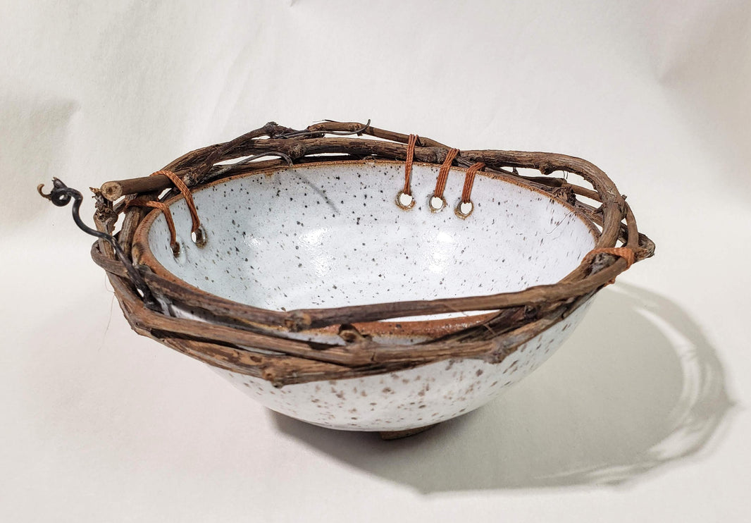 Ceramic and grapevine bowl 8" , rust cord - Debra Krakow