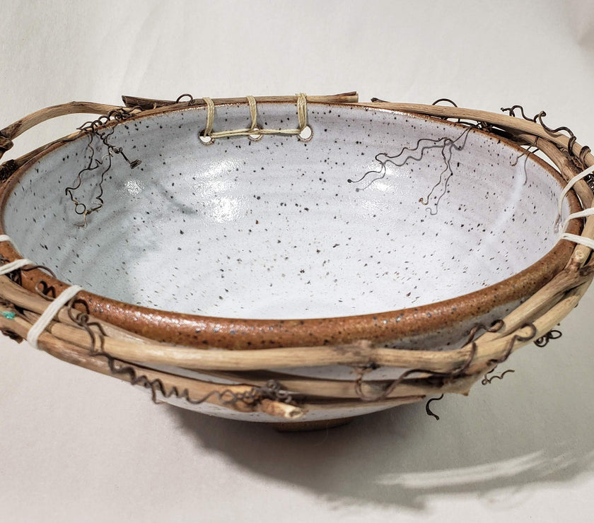 Ceramic and grapevine bowl 9" , white cord - Debra Krakow