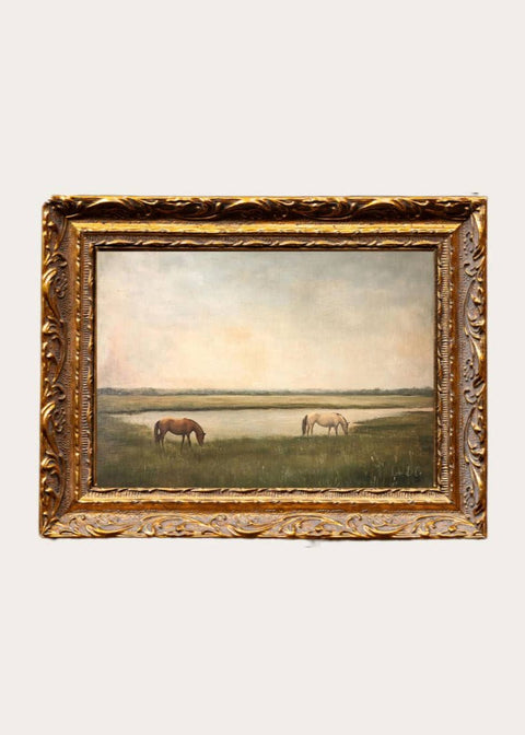 Grazing Horses | French Brass Gold Mould Framed Art – 8” x 10”
