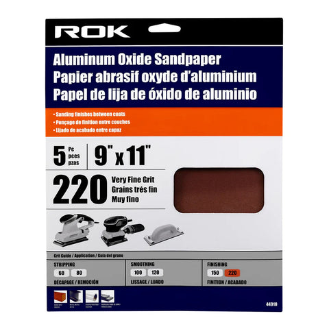 ROK - 5 PC ALUMINUM OXIDE SANDPAPER 220 GRIT