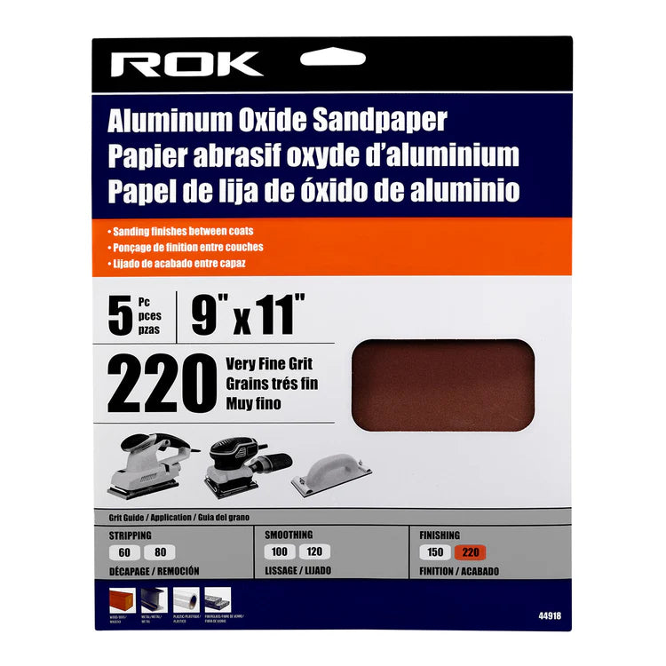 ROK - 5 PC ALUMINUM OXIDE SANDPAPER 220 GRIT