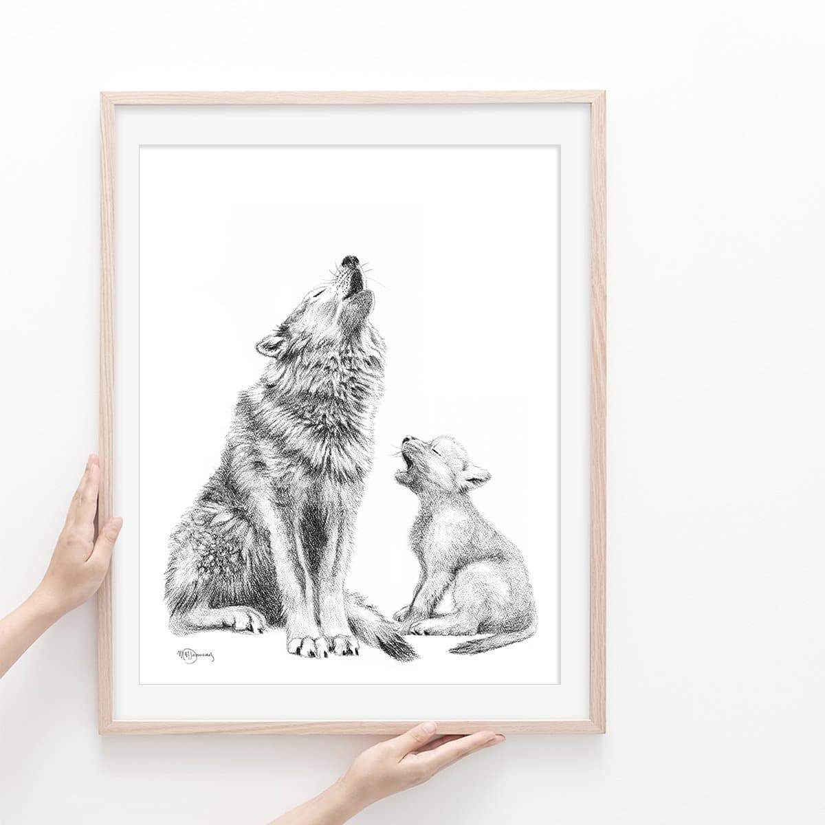 Wolf Howling with Cub Illustration - "Social Animal" Collection