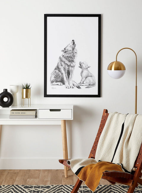 Wolf Howling with Cub Illustration - "Social Animal" Collection