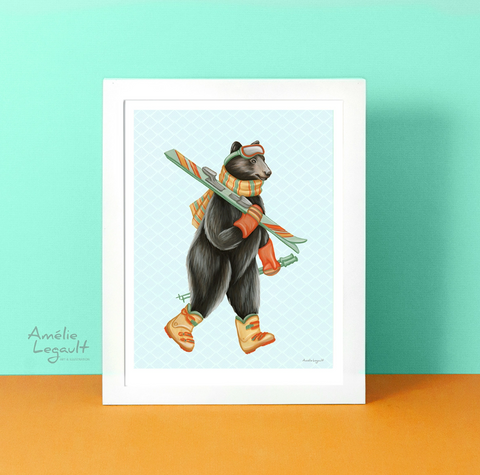 Amélie Legault - Skiing Black Bear Print - Art Noise